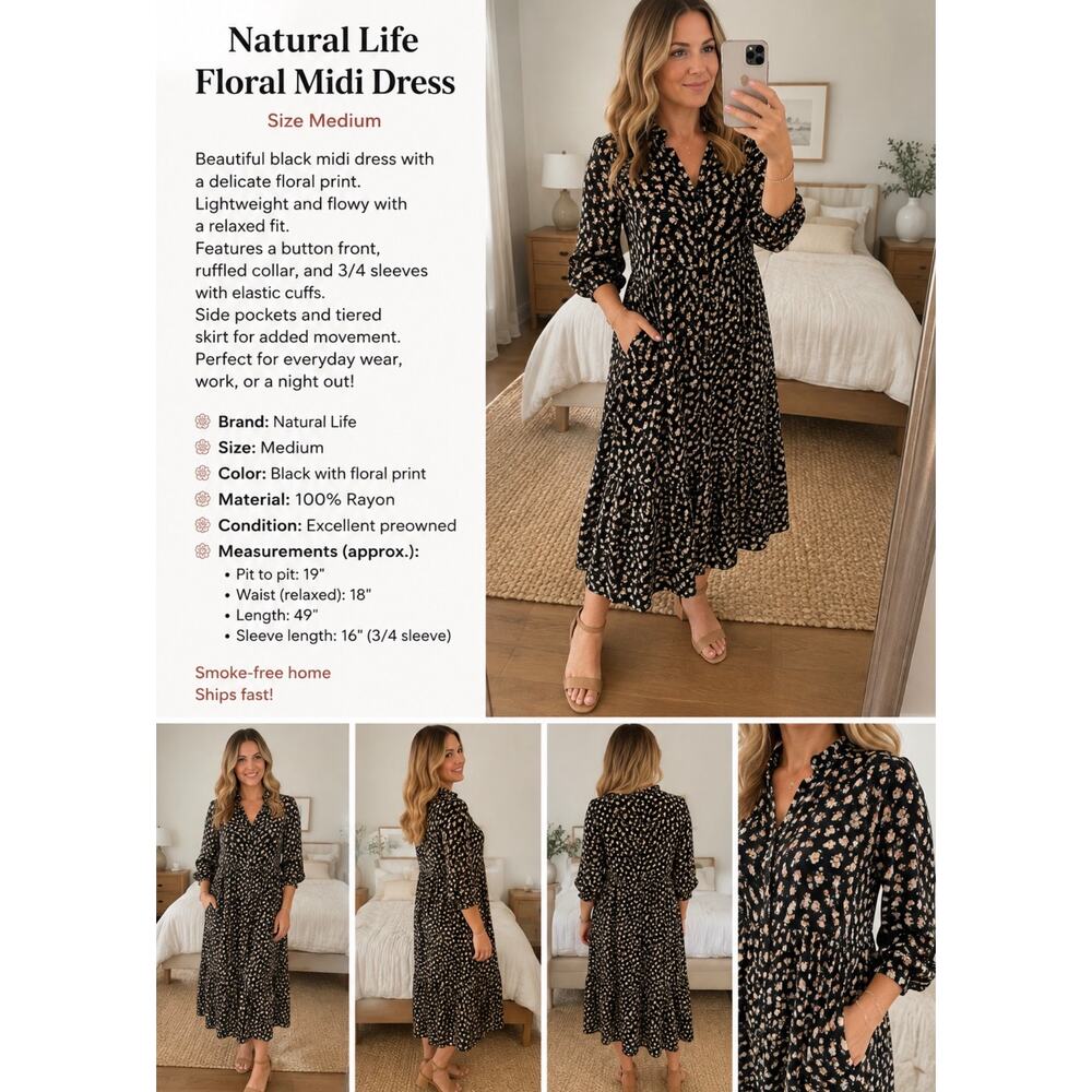Natural Life Floral Midi Dress Medium Black Boho Tiered Button Front Rayon - Picture 7 of 8